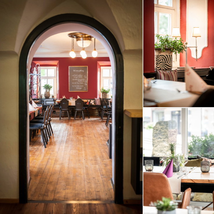 Eine Collage eines Restaurantinnenraums, der einen Essbereich mit Holzböden, roten Wänden und einer Menütafel zeigt, zusammen mit einem Blick auf einen Tisch, der mit einer Ananas und Weingläsern gedeckt ist.