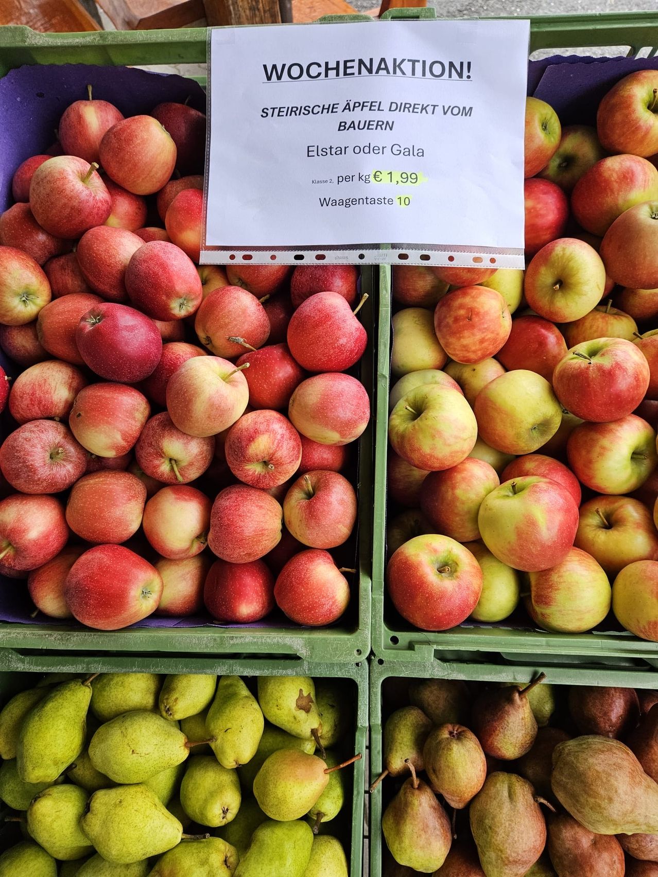 Two green crates filled with red and yellow apples, one with a white sign reading 'Elstar oder Gala' and the price per kilogram. Below are green pears.
