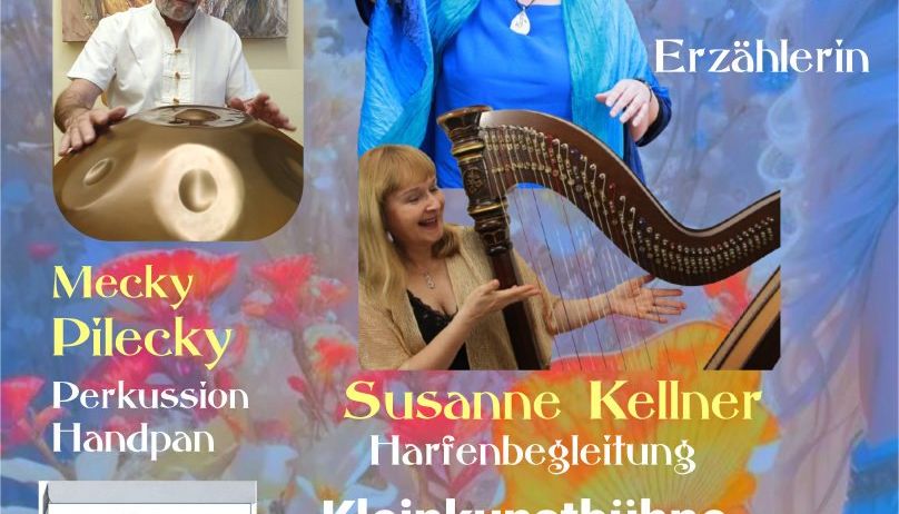 Veranstaltungsposter mit Marianne Lembacher und Susanne Kellner. Lembacher ist Erzählerin, Kellner bietet Harfenbegleitung. Datum: 31. Mai 2022, Hauptplatz 48, Grafendorf.