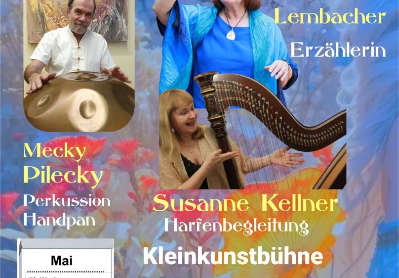 Veranstaltungsposter mit Marianne Lembacher und Susanne Kellner. Lembacher ist Erzählerin, Kellner bietet Harfenbegleitung. Datum: 31. Mai 2022, Hauptplatz 48, Grafendorf.