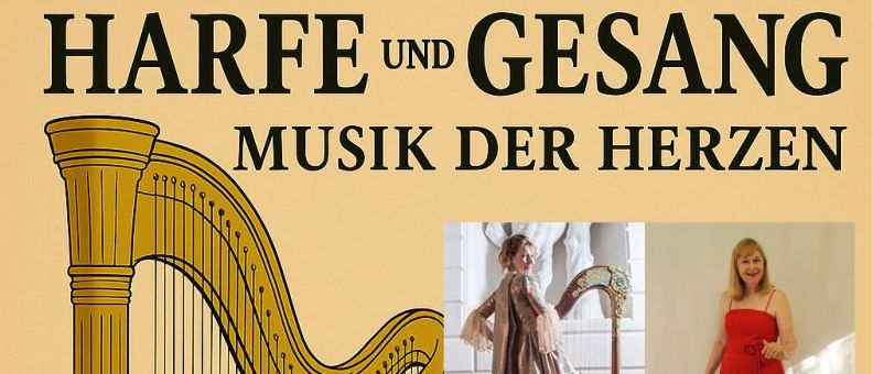 Plakat für eine Veranstaltung mit Eleonora Giessmann und Susanne Kellner. Die Veranstaltung zeigt eine Harfe, Bach, Händel und Mozart. Datum: 19. September 2025, Zeit: 19 Uhr.
