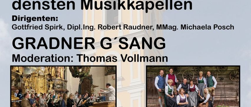 Plakat für eine Veranstaltung am 4. Mai 2025 mit Musikern, die für krebskranke Kinder spielen. Dirigenten sind Gottfried Spirk, Robert Raudner und Michaela Posch. Der Veranstaltungsort ist die Pfarrkirche Grafendorf b. Hartberg.