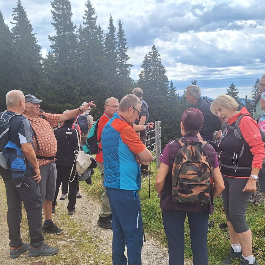 Eine Gruppe von Wanderern, einige mit Rucksäcken, versammelt sich auf einem Schotterweg in einem Berggebiet, mit einem Zaun und Bäumen im Hintergrund.
