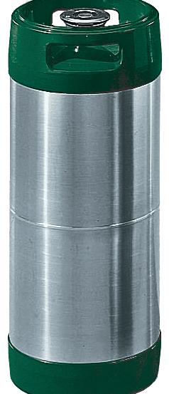 Ein Edelstahl-Keg mit grünem Deckel und Metallgriff, möglicherweise zur Lagerung von Bier oder anderen Getränken verwendet.