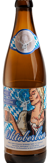 Ein Bild einer braunen Flasche Oktoberfest-Bier. Die Flasche hat ein blau-weißes Etikett mit einer Frau, die ein Bierglas hält, und einem Hirsch darauf.