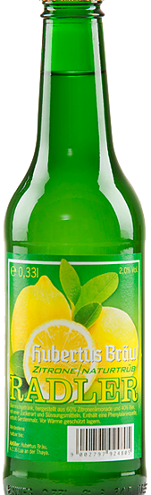 Eine Flasche Hubertus Brau Zitrone Naturtrüb Radler. Die Flasche ist grün mit einem goldenen Verschluss. Das Etikett hat Zitronen und Blätter. Die Flasche enthält 0,33 Liter. Sie hat einen Strichcode und anderen Text.