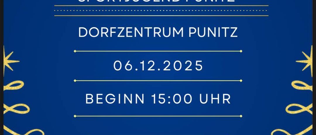 Eine festliche Einladung zur Glühweinprobe von Sportjugend Punitz am 6. Dezember 2025 um 15:00 Uhr im Dorfzentrum Punitz, mit bereitgestellten Speisen und Getränken.