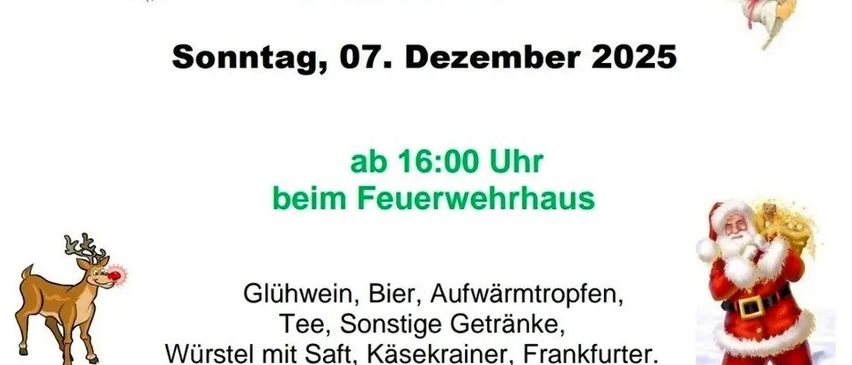 Einladung zum Adventstand am Sonntag, 07. Dezember 2025, ab 16:00 Uhr beim Feuerwehrhaus. Genießen Sie Glühwein, Bier, Aufwärmtropfen, Tee, verschiedene Getränke, Würstchen mit Senf, Käsekrainer, Frankfurter. Die freiwilligen Feuerwehrleute von Tobaj freuen sich auf Ihren Besuch.