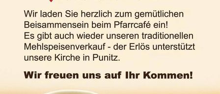 Das Bild bewirbt ein Treffen im Pfarrcafe nach einer Messe am 8. Dezember 2025. Es zeigt eine Tasse Kaffee und herzförmige Kekse und lädt Besucher ein, sich für eine Mahlzeit zu treffen und die örtliche Kirche zu unterstützen.
