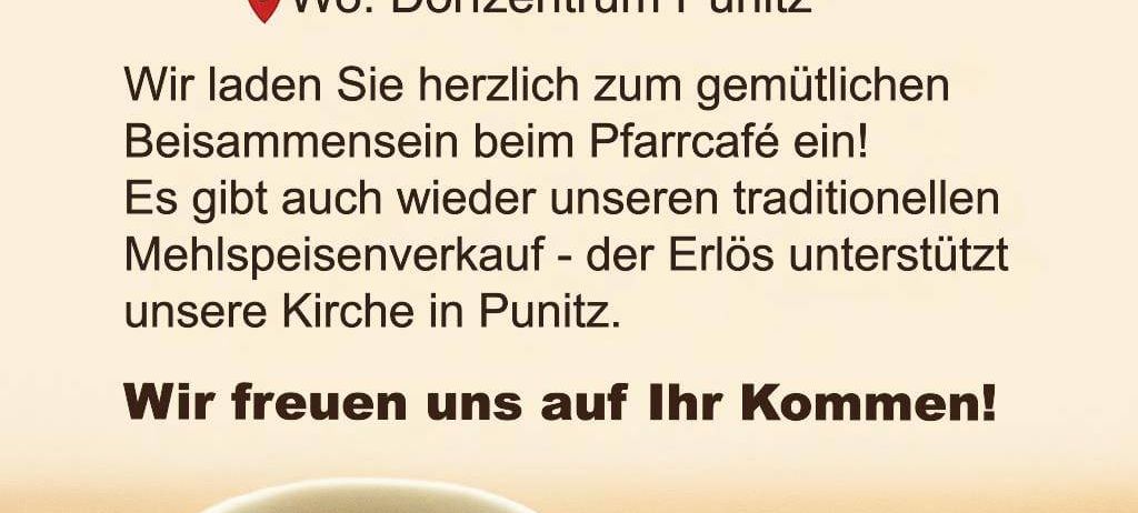 Das Bild bewirbt ein Treffen im Pfarrcafe nach einer Messe am 8. Dezember 2025. Es zeigt eine Tasse Kaffee und herzförmige Kekse und lädt Besucher ein, sich für eine Mahlzeit zu treffen und die örtliche Kirche zu unterstützen.