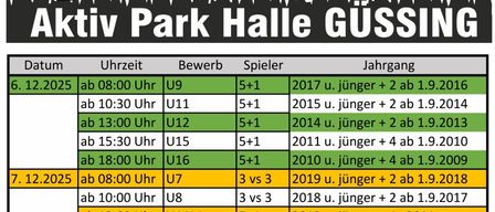 Nachwuchsturnier für Fußballer im Aktiv Park Halle Gussing. 6. Dezember 2025, Spiele beginnen um 8:00 Uhr mit Teams U9 bis U16. 7. Dezember 2025, Spiele beginnen um 8:00 Uhr mit Teams U7 bis U14. Bestimmungen gelten. Kontakt: 0664-97 40 350, christianroth@aon.at.