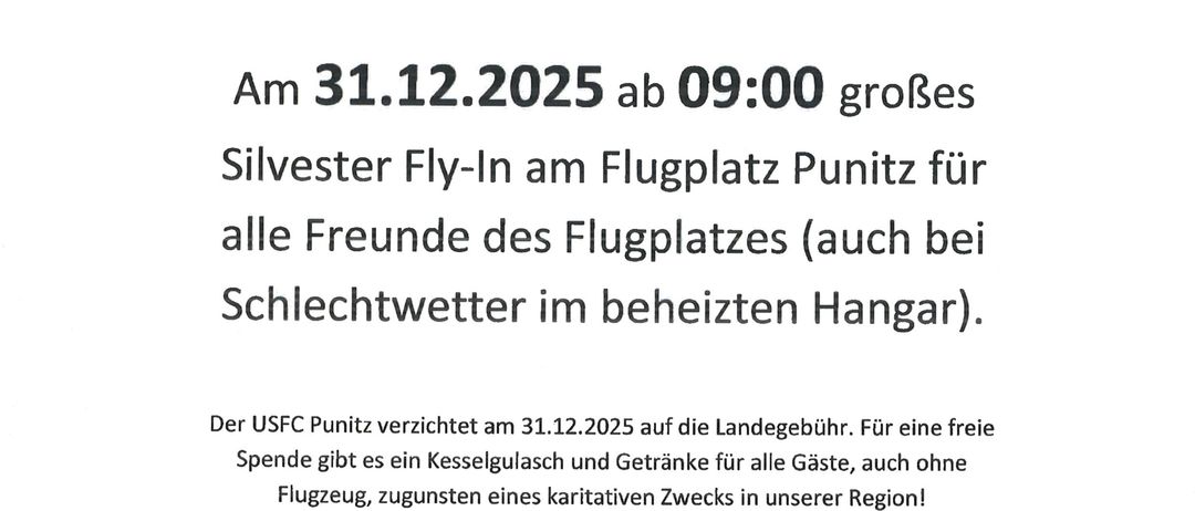Plakat für ein Silvester-Fly-In-Event auf dem Flughafen Punitz am 31.12.2025, Beginn um 09:00 Uhr. Die Veranstaltung ist für alle Freunde des Flughafens, auch bei schlechtem Wetter. Es gibt einen kostenlosen Drink und Snacks für alle Gäste.