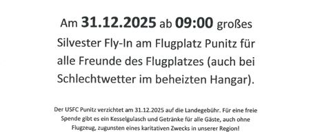 Plakat für ein Silvester-Fly-In-Event auf dem Flughafen Punitz am 31.12.2025, Beginn um 09:00 Uhr. Die Veranstaltung ist für alle Freunde des Flughafens, auch bei schlechtem Wetter. Es gibt einen kostenlosen Drink und Snacks für alle Gäste.