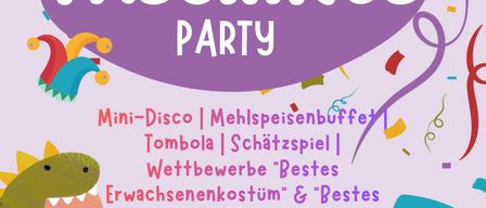 Ein Werbeplakat für die Faschings Party am 1. Februar. Es zeigt einen Dinosaurier, einen Hai und Konfetti. Aktivitäten umfassen eine Mini-Disco, ein Buffet, Tombola, eine Schatzsuche und Kostümwettbewerbe.
