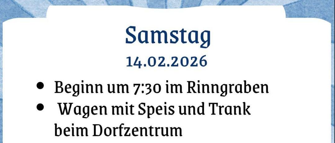 Ein Plakat für eine Veranstaltung, Speckbetteln, am Samstag, 14. Februar 2026. Es beginnt um 19:30 in Rinngraben mit einem Wagen mit Essen und Getränken im Dorfzentrum.