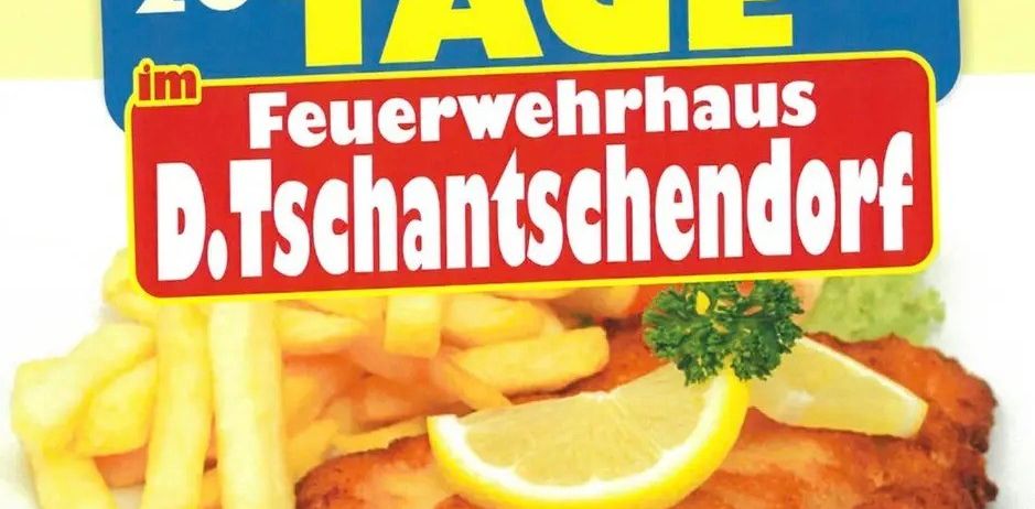 Werbung für den Schnitzeltag im Feuerwehrhaus in Tschantschendorf. Zeigt ein Gericht mit Pommes und einer Zitronenscheibe. Datum für Freitag, 20. Februar. Öffnungszeiten von 11 Uhr bis 14 Uhr.