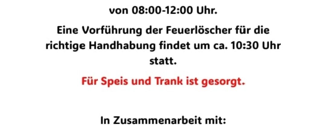 Die Feuerlöscher-Überprüfung findet am Samstag, den 21.03.2026 im Feuerwehrhaus Punitz von 08:00-12:00 Uhr statt. Vorführung der korrekten Handhabung der Feuerlöscher um ca. 10:30 Uhr. Für Speisen und Getränke ist gesorgt.