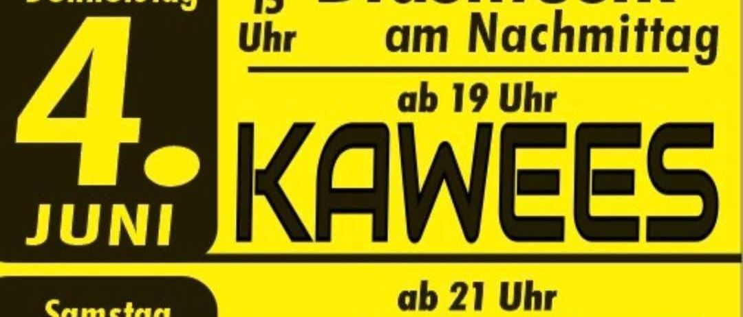 Plakat für Tudersdorf-Veranstaltung. Donnerstag, 4. Juni, Blasmusik um 15 Uhr, Kawees um 19 Uhr. Samstag, 6. Juni, EXIT.