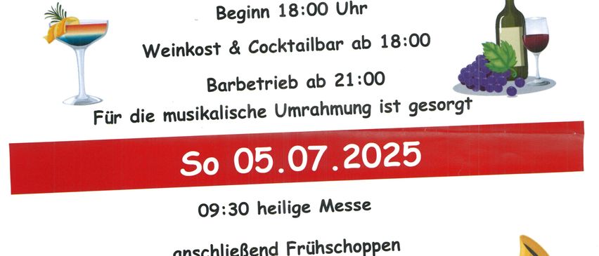 Waldfest der Freiwilligen Feuerwehr Punitz. Datum: 04.07.2025. Beginn 18:00 Uhr. Weinprobe & Cocktailbar ab 18:00. Grill ab 21:00. Für die musikalische Umrahmung ist gesorgt.
