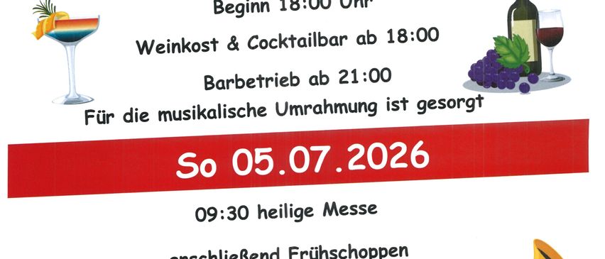Waldfest der Freiwilligen Feuerwehr Punitz. Datum: Sa 04.07.2026, Beginn 18:00 Uhr. Weinprobe und Cocktailbar ab 18:00 Uhr, Grillbetrieb ab 21:00 Uhr. Sonntag 05.07.2026: Heilige Messe um 09:30 Uhr, anschließend Frühstück mit der Blasmusikkapelle 'PIVENKA'. Weinprobe mit ausgezeichneten Weinen aus der Region. Grillen vom Holzkohlegrill.
