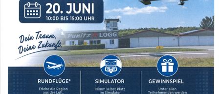 Plakat für den Piloten-Infotag am Flughafen Punitz am 20. Juni von 10:00 bis 15:00. Bietet Flugerlebnisse, Simulatoren und Preisverlosungen. Informationen zu Privat- und Berufspilotenlizenzen.