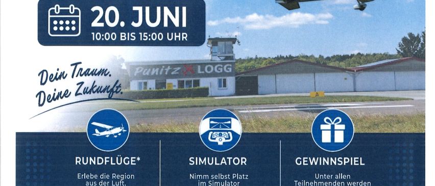 Plakat für den Piloten-Infotag am Flughafen Punitz am 20. Juni von 10:00 bis 15:00. Bietet Flugerlebnisse, Simulatoren und Preisverlosungen. Informationen zu Privat- und Berufspilotenlizenzen.