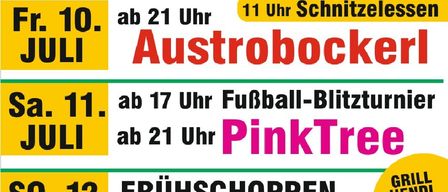 Event schedule for Weltfest Punit. 10: Austrobockeli, starting 9 pm. 11: Football Blitz at 5 pm, PinkTree starting 9 pm. 12: Early shopping with Die Musikeina.