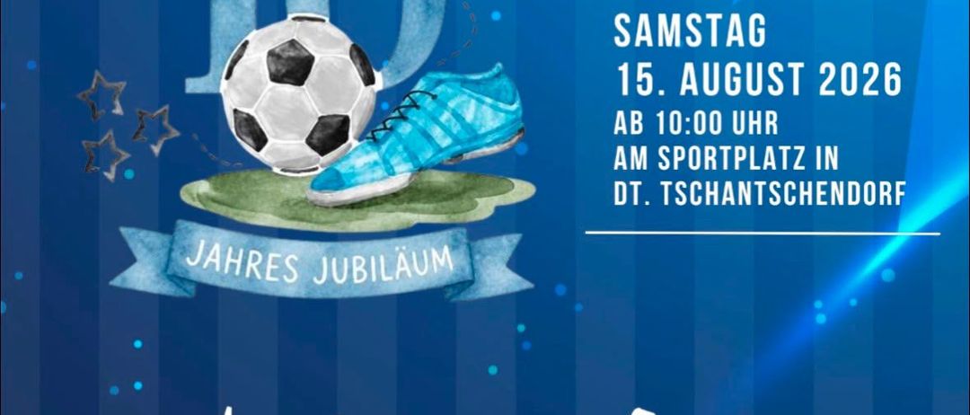 Plakat für die 10. Jubiläumsfeier von Linladung, mit einem Fußball und Schuh auf einem Feld, mit Veranstaltungsdetails einschließlich Datum, Uhrzeit und Ort.