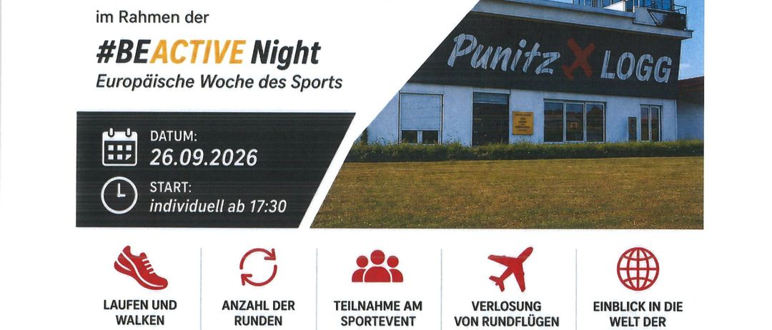 Plakat für die Veranstaltung 'Run the Runway' am Flughafen Punitz mit einer Startbahn, einem Kontrollturm und einem Flugzeug. Die Veranstaltung ist Teil der Europäischen Woche des Sports. Aktivitäten umfassen Laufen, Gehen, Teilnahme an Sportveranstaltungen und Beobachtung von Flugzeugen. Die Veranstaltung beginnt um 17:30 Uhr und beinhaltet ein kulinarisches Erlebnis um 13:00 Uhr und eine After-Run-Party um 19:30 Uhr.