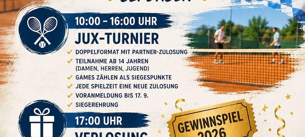 Plakat für eine Sportveranstaltung am 19. September 2026 mit Tennisspielern, einem Bierkrug, Brezen und Würsten. Die Veranstaltung umfasst ein Jugendturnier, eine Tombola und eine Oktoberfest-Atmosphäre.
