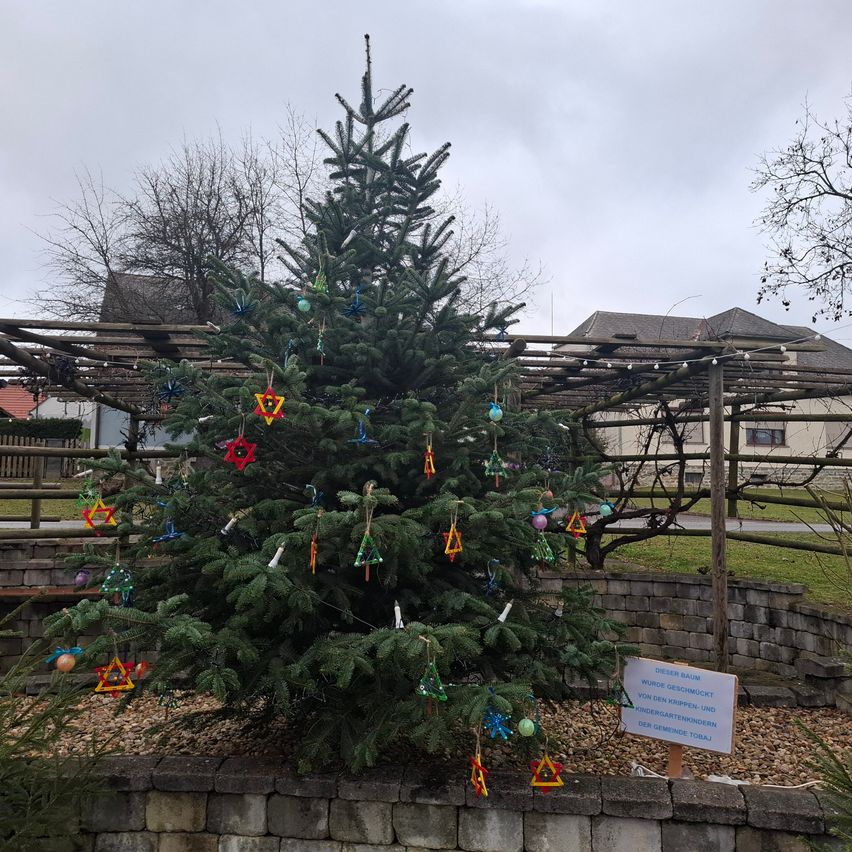 Ein geschmückter Weihnachtsbaum steht in einem Innenhof, umgeben von einer Steinmauer. Verschiedene Ornamente, einschließlich sternförmiger Dekorationen, schmücken den Baum. Ein Schild in der Nähe lautet 'Wuerde geschmuckt von den Krippen- und Fingerartfammen der Gemeinde Torja'. Im Hintergrund befinden sich ein Gebäude und eine Holzpergola.