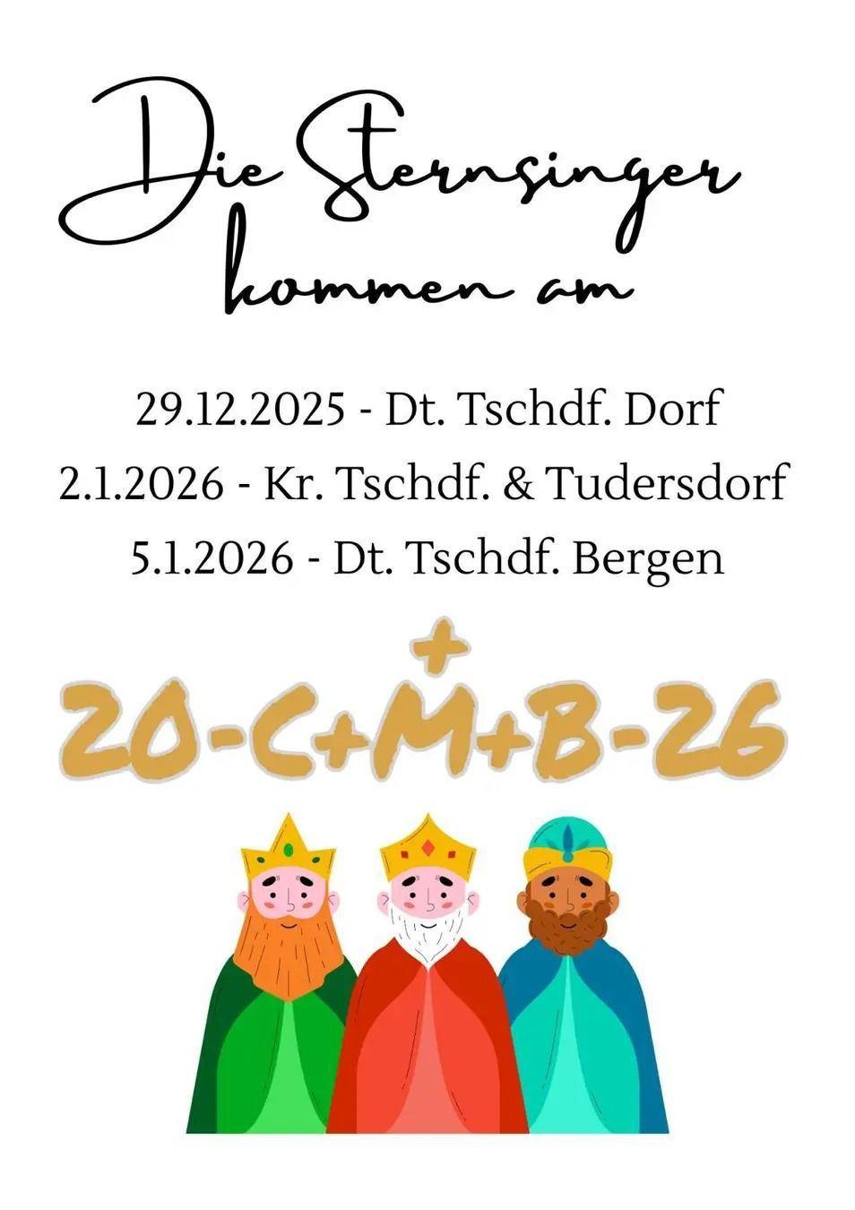Plakat für eine lokale Veranstaltung mit drei Königen, Daten für 2025 und 2026 und Orten. Das Plakat hat einen weißen Hintergrund.