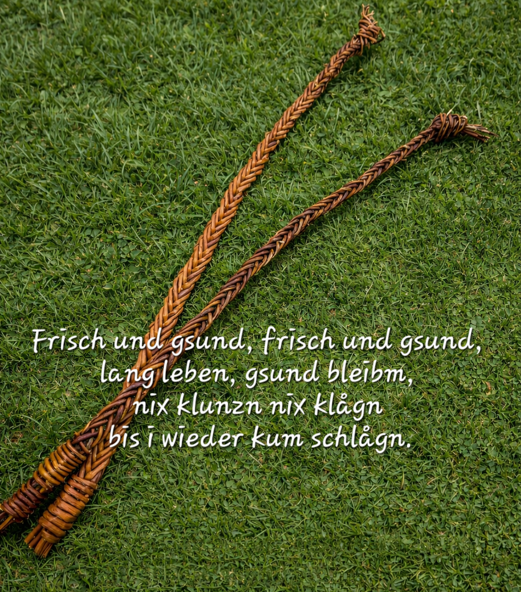 Zwei geflochtene Strohseile liegen auf grünem Gras mit einer poetischen deutschen Inschrift. Der Text übersetzt sich zu 'Frisch und gesund, frisch und gesund, lange leben, gesund bleiben, nix klunzen nix klägn bis i wieder kumm schägn.'