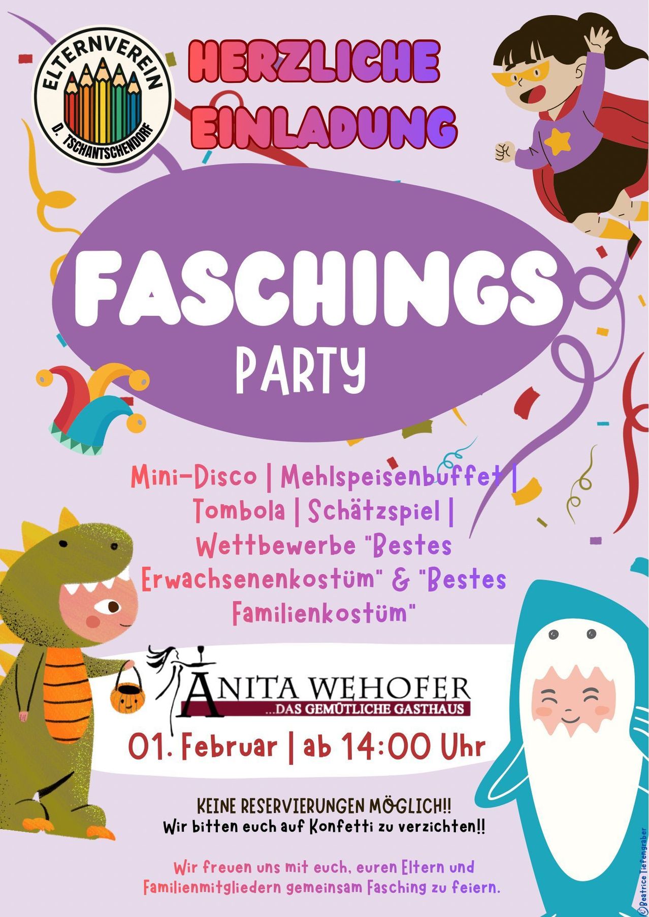 Plakat für Faschings Party mit einem Cartoon-Dinosaurier und Hai, Mini-Disco, Buffet, Tombola, Schatzsuche und Kostümwettbewerb am 1. Februar um 14 Uhr.