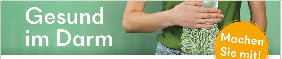 Eine Person hält ihren Bauch fest, mit einem Diagramm von Darmschlingen gezeigt. Der Text lautet 'Gesund im Darm. Machen Sie es mit'. Der Hintergrund ist grün.