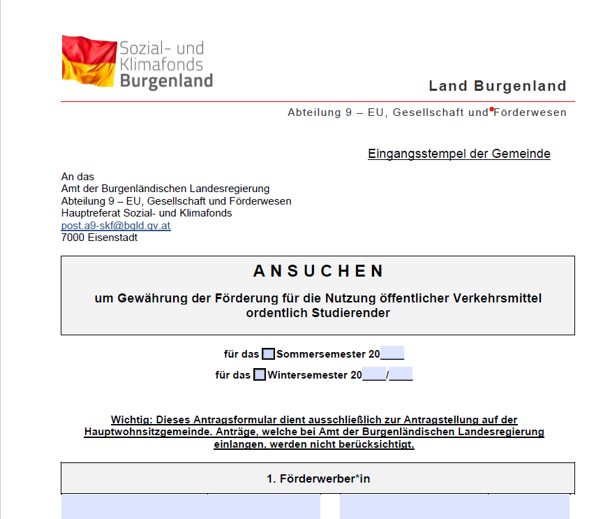 Das Amt der Burgenländischen Landesregierung, Abteilung 9 - EU, Gesellschaft und Förderbereiche, stellt ein Antragsformular für die Förderung der Nutzung öffentlicher Verkehrsmittel vor Ort für Studenten vor. Es ist speziell für die Hauptwohnsitzgemeinde.