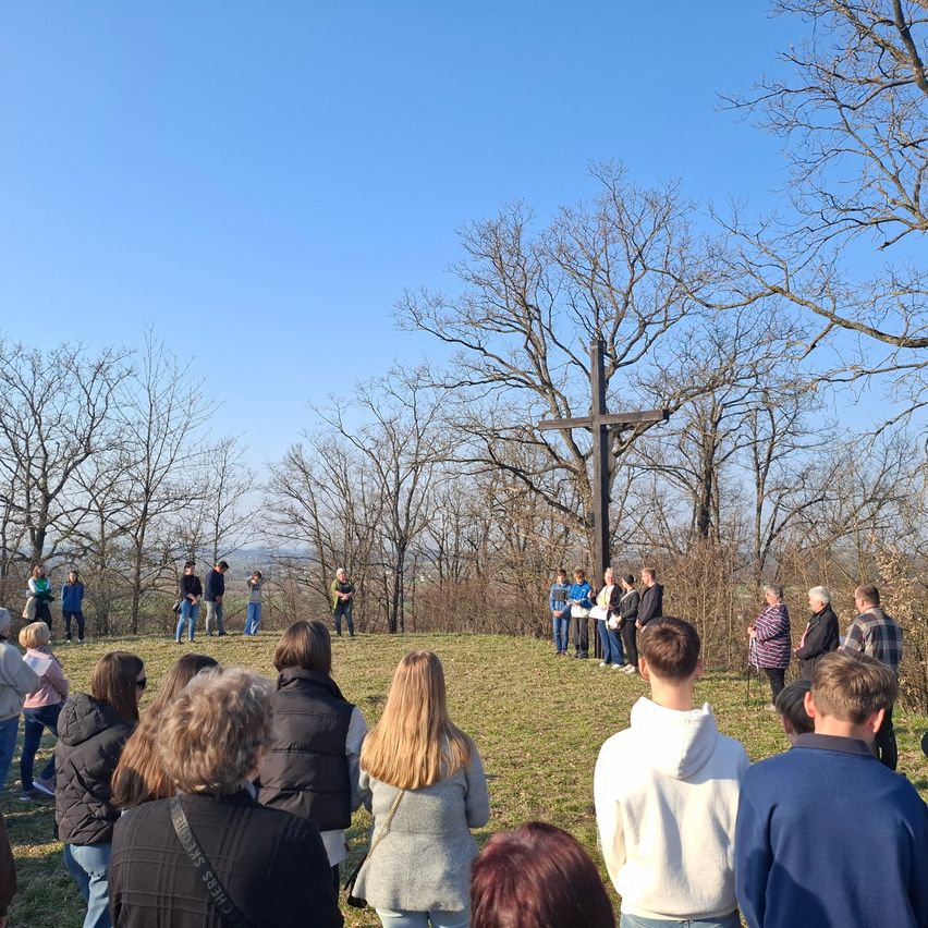 Eine Gruppe von Menschen steht auf einem grasbewachsenen Hügel mit einem großen Kreuz in der Mitte, unter einem klaren blauen Himmel. Bäume umgeben das Gebiet, und einige Menschen halten Papiere.