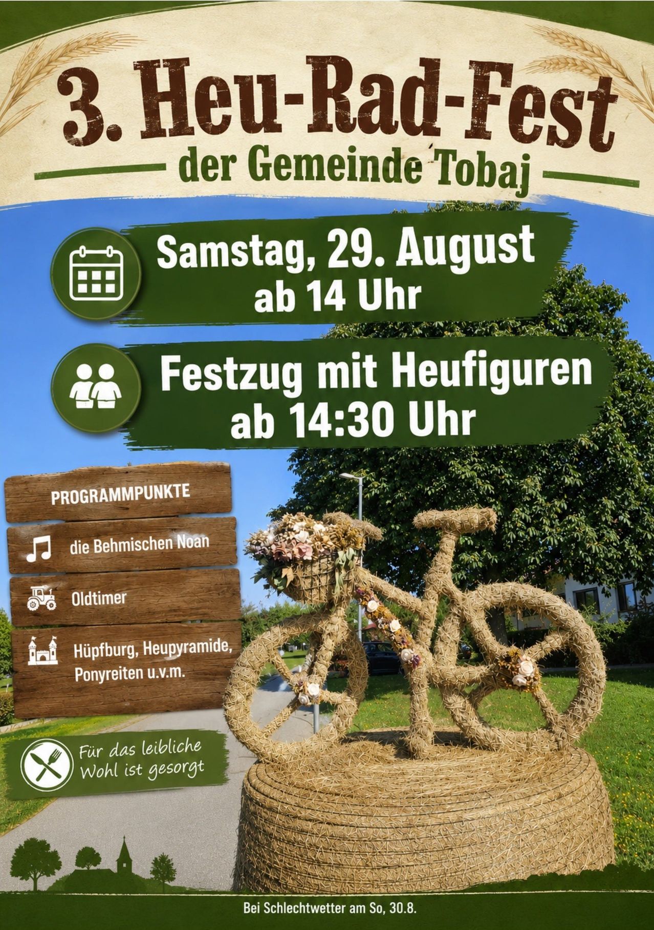 Plakat für das Tobaj-Gemeindefest am 29. August ab 14 Uhr, mit einem von Heu dekorierten Fahrrad, einem Baum und einem Schild mit Veranstaltungsdetails.