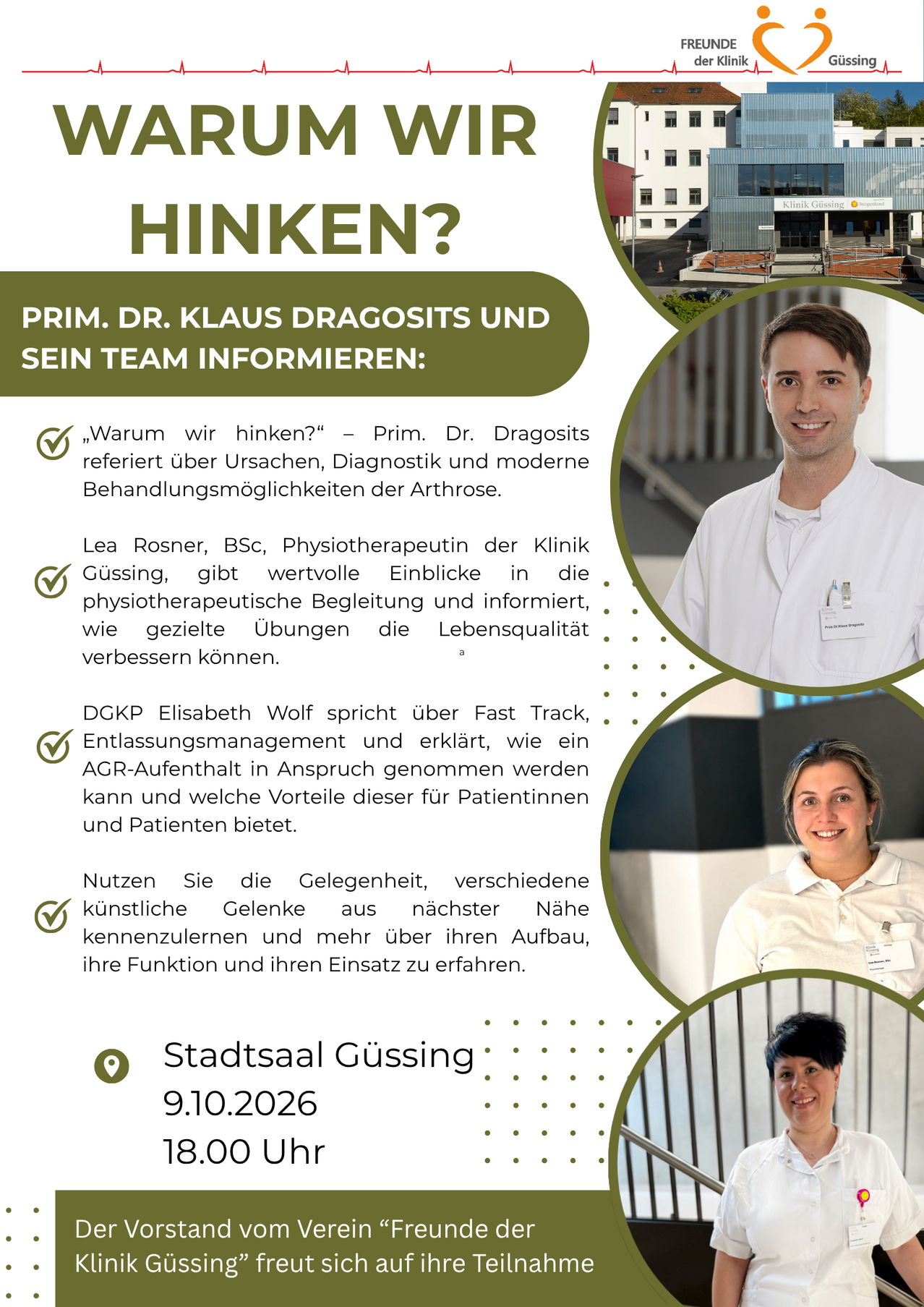 Eine Werbung für eine medizinische Klinik mit einem lächelnden Arzt und einem Krankenhausgebäude. Es wird über Knieschmerzen, Diagnose und Behandlungsmöglichkeiten gesprochen. Außerdem wird das Klinikteam vorgestellt, einschließlich eines Physiotherapeuten und eines Arztes, der sich auf Fast Track und Entlassungsmanagement spezialisiert hat.