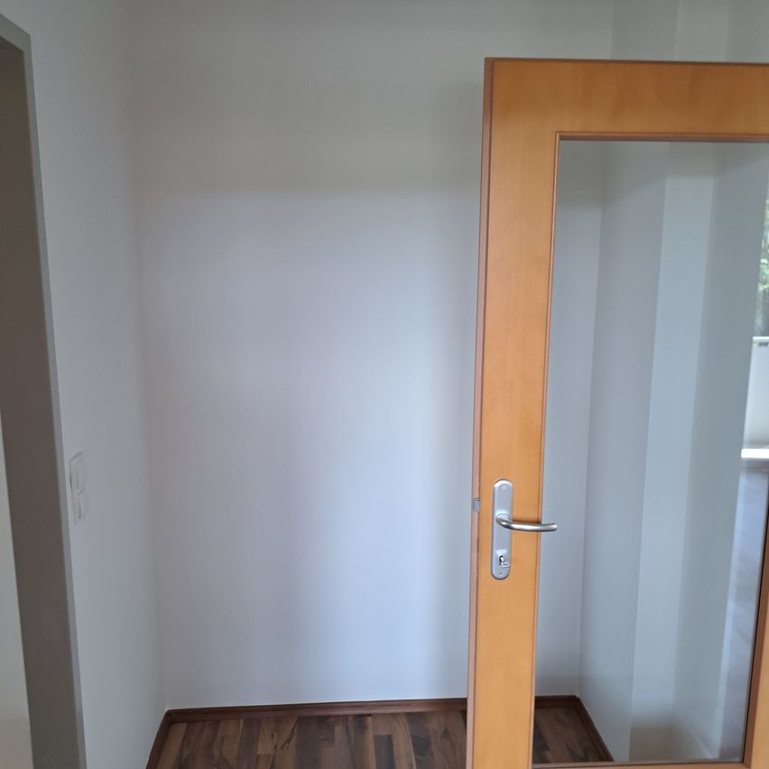 Ein leerer Raum mit weißen Wänden, einem Holzboden und einer Tür mit Glasscheibe und silbernem Griff.