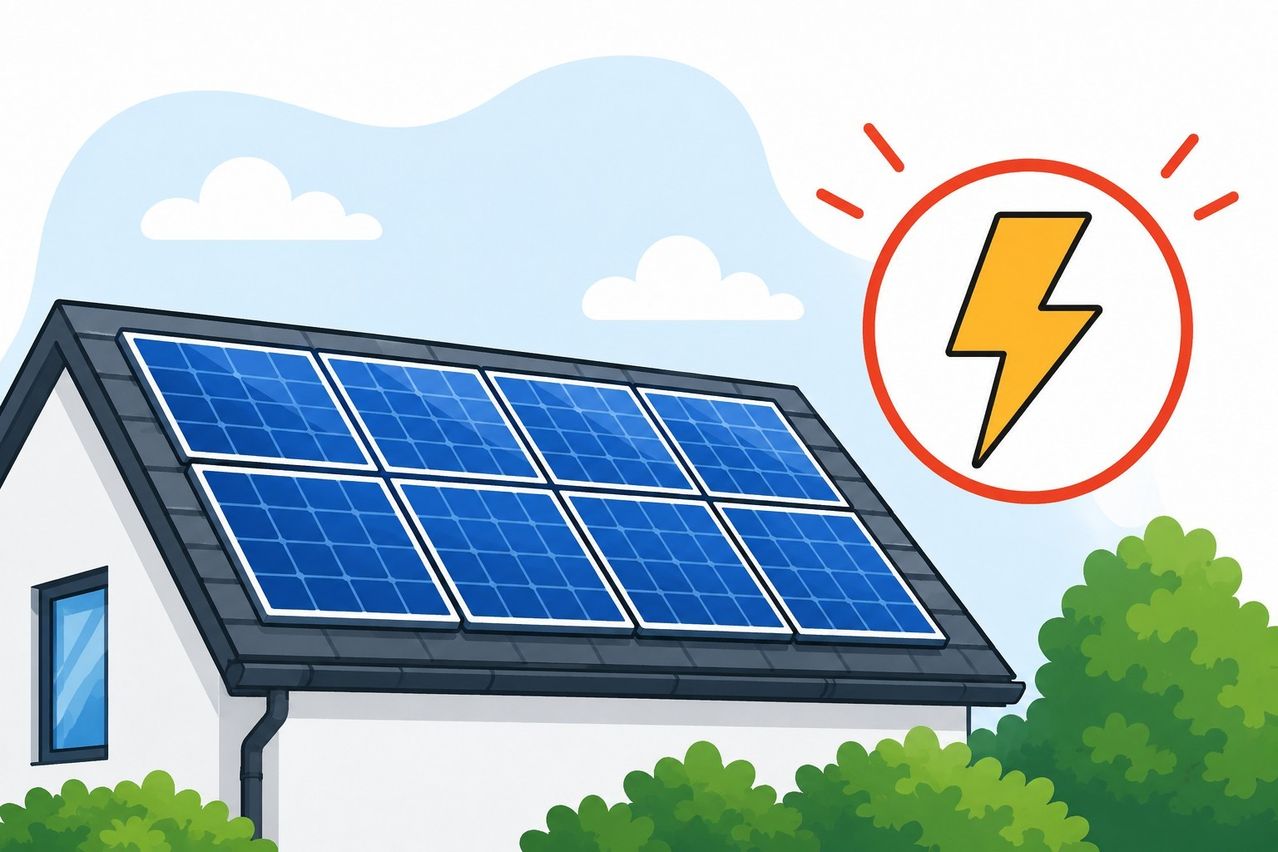 Illustration eines Hauses mit Solarpanelen auf dem Dach, einem Blitzsymbol in einem Kreis und einem blauen Himmel mit Wolken.
