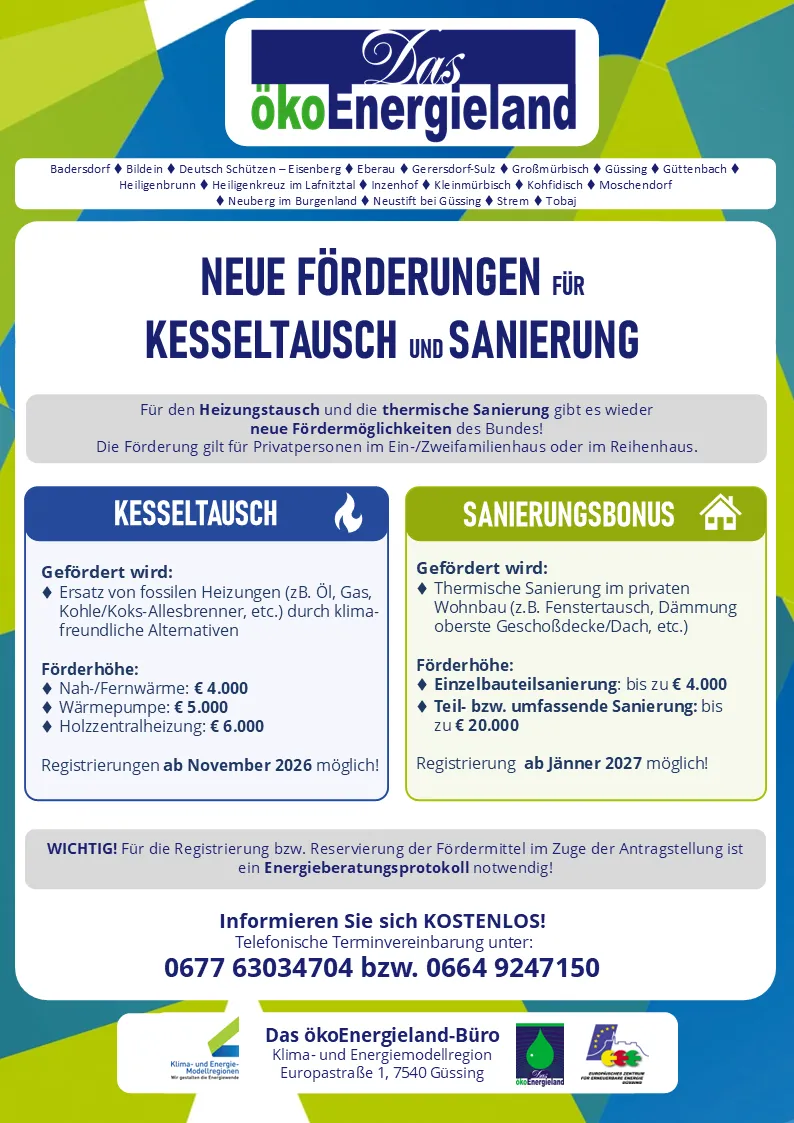 Ein Werbeplakat für neue staatliche Subventionen für den Austausch von Heizkesseln und thermische Isolierung in Österreich. Das Plakat listet die förderfähigen Regionen, Arten der Subventionen und Registrierungsdetails auf.