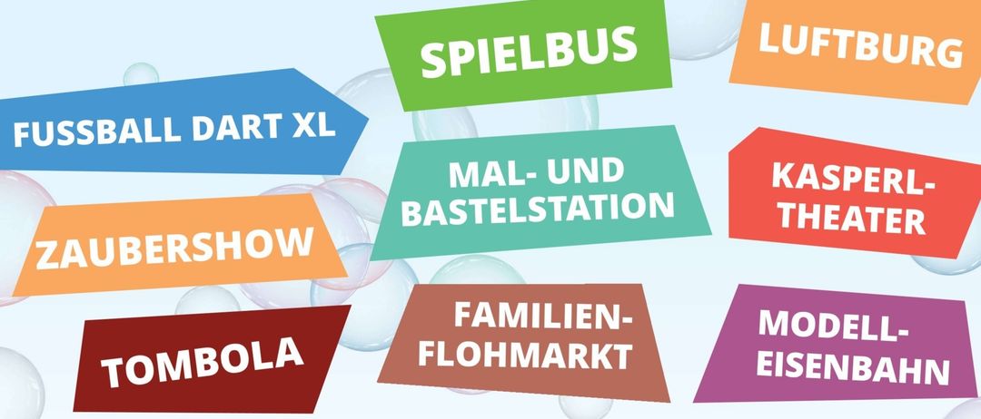 Ein buntes Plakat mit verschiedenen Aktivitäten für Kinder. Es zeigt einen Spielbus, eine Bastelstation, einen Flohmarkt und eine Zeichenstation. Das Plakat ist mit Blasen und einem weißen Hintergrund gestaltet.