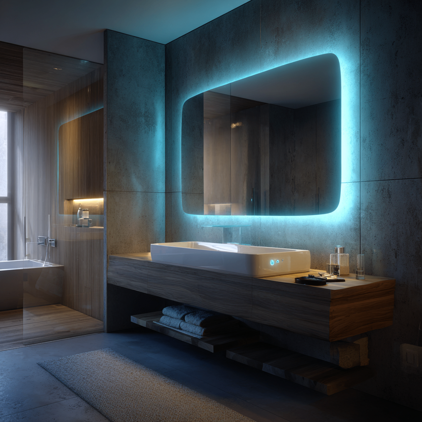 Ein modernes Badezimmer verfügt über einen großen rechteckigen Spiegel mit blauer LED-Beleuchtung, ein weißes Waschbecken mit Wasserhahn und einen hölzernen Badezimmerschrank. Handtücher sind ordentlich unter dem Schrank gestapelt.