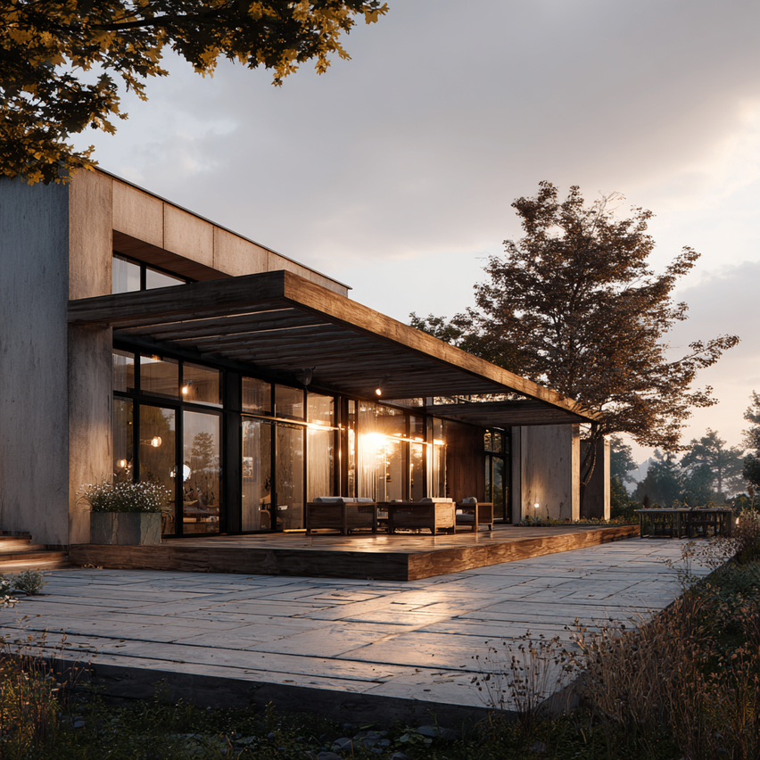 Ein modernes architektonisches Design mit einer großen Holzveranda mit Glaswänden und einem hölzernen Vordach. Die Veranda wird durch natürliches Licht beleuchtet.