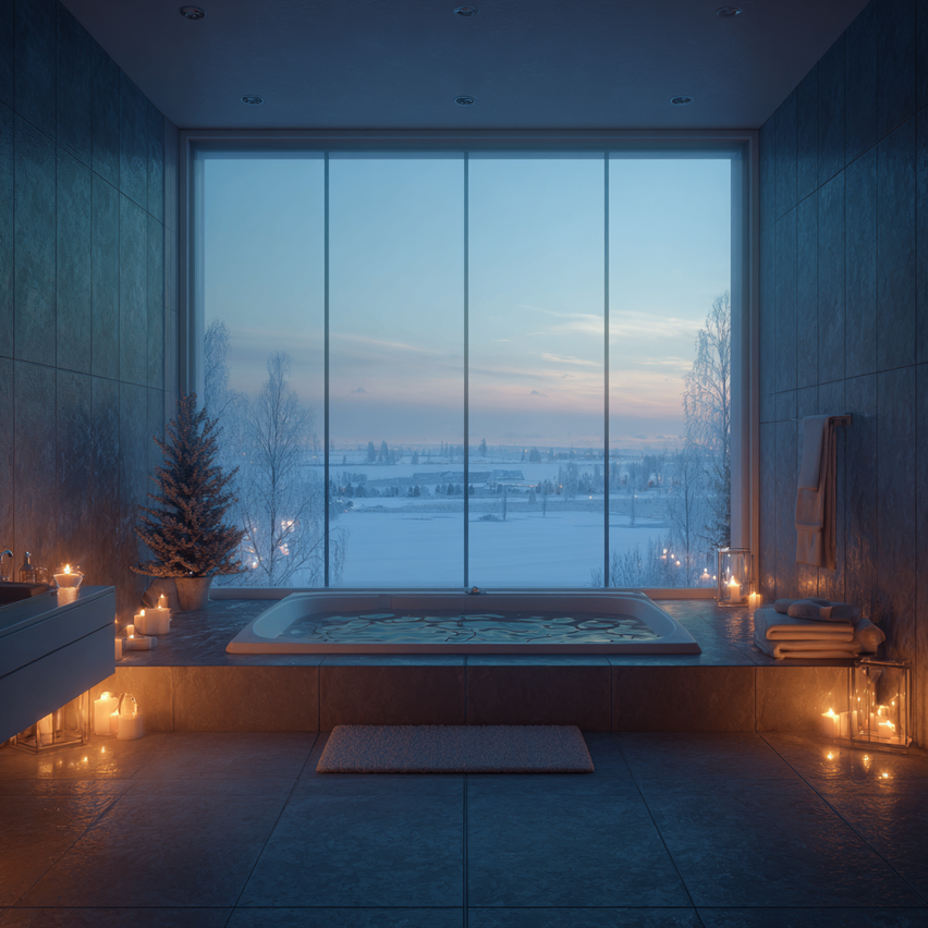 Ein luxuriöses Badezimmer mit einer großen Badewanne, einem Blick auf eine verschneite Landschaft und mehreren Kerzen, die eine warme, einladende Atmosphäre schaffen.