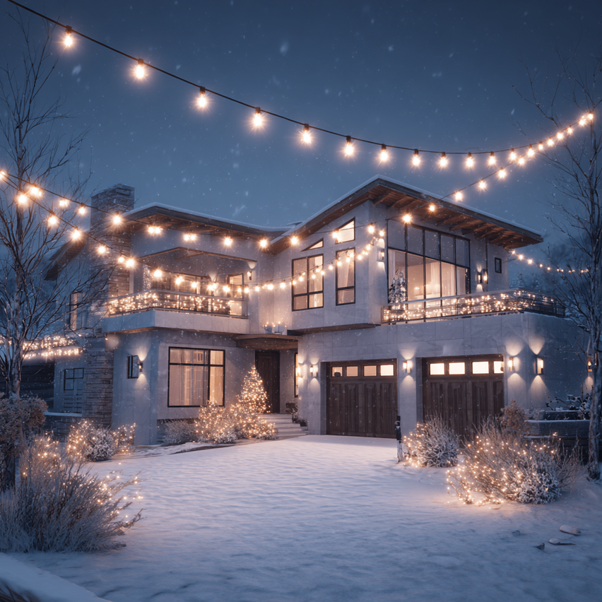Ein modernes Haus mit zwei Stockwerken ist von Weihnachtslichtern beleuchtet. Schnee bedeckt den Boden und die Bäume. Zwei Garagen stehen davor, und eine Person steht in der Nähe.