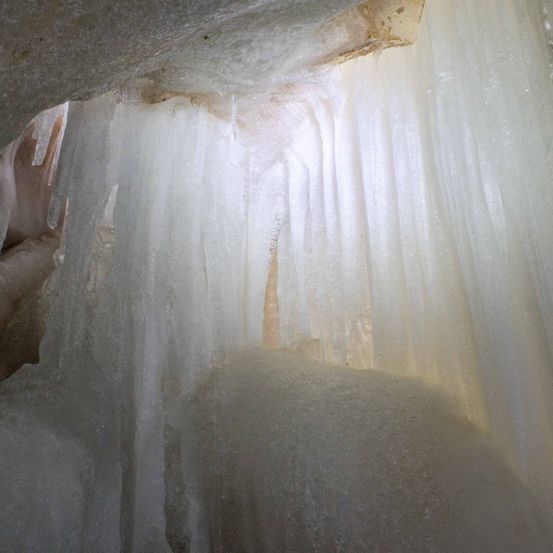 Eine Nahaufnahme einer eisigen Höhle mit Eiszapfen, die von der Decke hängen und von einer Lichtquelle beleuchtet werden.