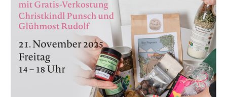 Poster for an event at im muk. Featuring Lisa Traxler and a basket of products. Date: 21. November 2025, Time: 14-18 Uhr. Includes a QR code.
