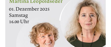 An event poster featuring two women, one smiling and the other with a neutral expression. The title reads, '...in the sky or elsewhere'. The date is December 1, 2025, and the time is 4:00 PM. The event is hosted by Therie Enn and Martina Leopoldseder.